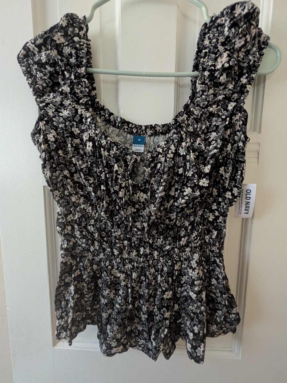 Old Navy Black and White Floral Smocked Peplum Top